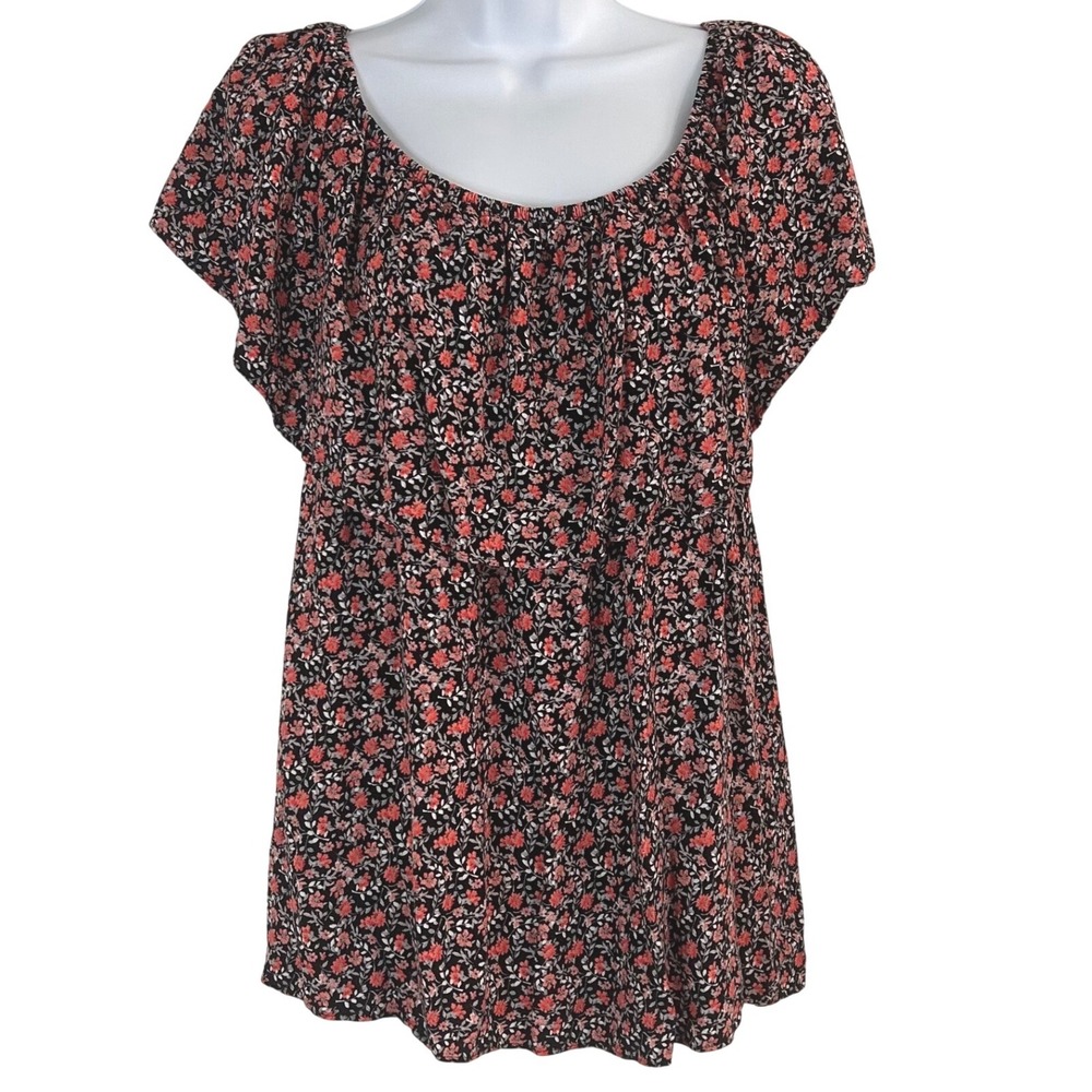 Torrid Women's Black Floral Ruffle Off Shoulder Top 1 Plus Rayon Boho Peasant